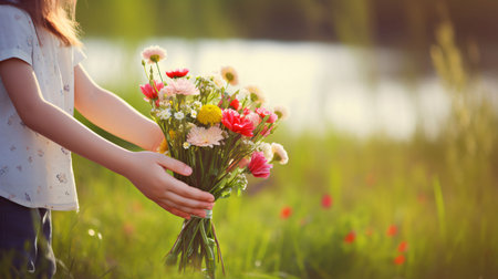 Mother's Day: Little girl holding a bouquet of flowers on the nature background.の写真素材