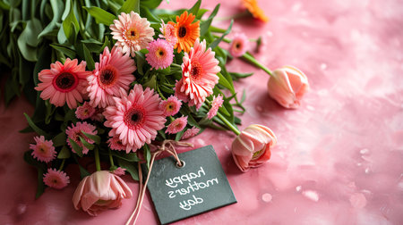 Mother's Day: Bouquet of pink gerberas and tulips on pink background