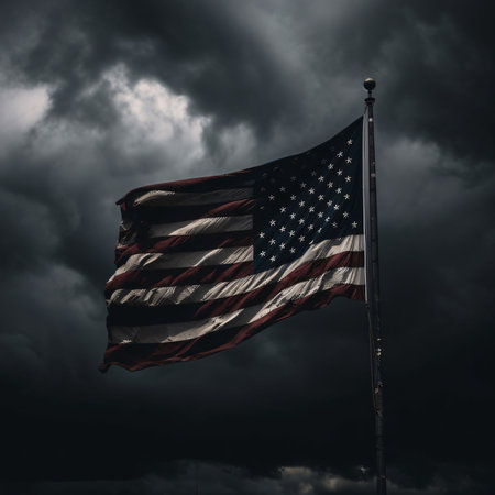 Memorial Day: American flag on dark stormy sky background. 3D illustrations.の写真素材