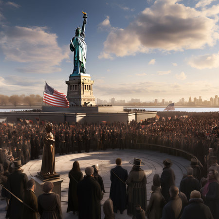 Memorial Day: Crowd of people in front of the Statue of Liberty.の写真素材
