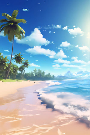 Photography: Beautiful seascape with palm trees and blue sky. 3d renderの写真素材