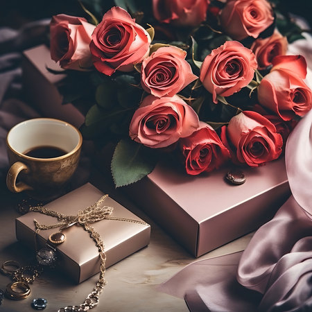 Mother's Day: Bouquet of pink roses, gift boxes and cup of coffee backgroundの写真素材