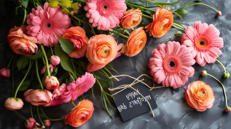 Mother's Day: Happy mother's day greeting card. Beautiful bouquet of pink gerberas and ranunculus flowers on a dark background.の写真素材