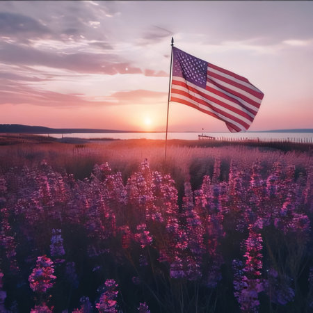 Memorial Day: American flag on a field of lavender flowers at sunset in the summer.の写真素材