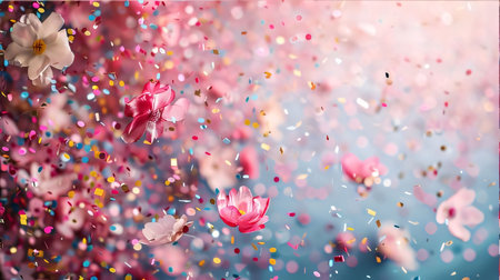 Mother's Day: Beautiful pink flowers and colorful confetti on bokeh backgroundの写真素材