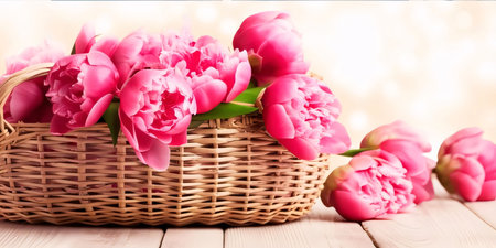 Mother's Day: Bouquet of pink tulips in a basket on a wooden backgroundの写真素材
