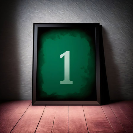 Graphic numbers: Number one in black frame on wooden floor and grunge wall backgroundの写真素材