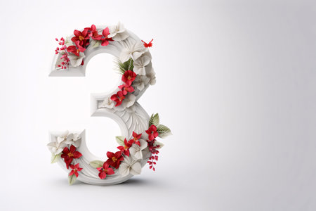 Graphic numbers: 3d render of number 3 with flowers and leaves on white background