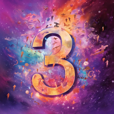 Graphic numbers: 3D rendering of the number 3 in a colorful space background.の写真素材