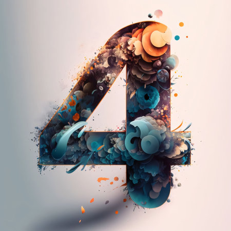 Graphic numbers: Number 4, filled with paint splashes and colorful flowers, 3d renderの写真素材