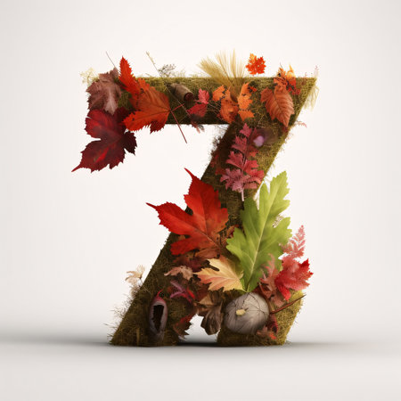 Graphic numbers: Letter 7 made of autumn leaves, 3d render, square imageの写真素材