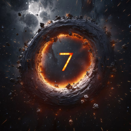 Graphic numbers: Number seven in space. Astronomy and science concept. 3D renderingの写真素材