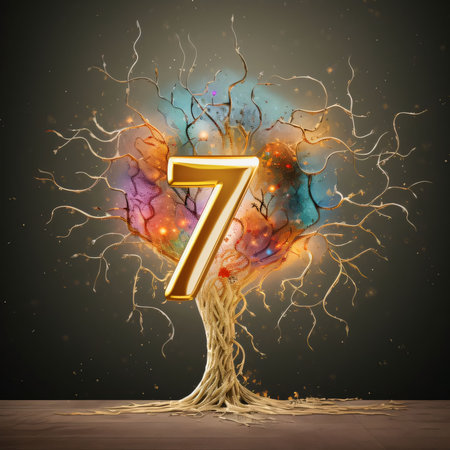 Graphic numbers: Number seven in the tree made with lightning and smoke. 3D illustrationsの写真素材
