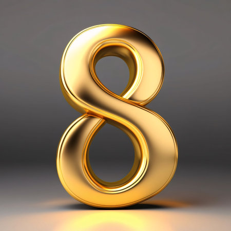 Graphic numbers: Golden number 8 isolated on gray background. 3d rendered font.