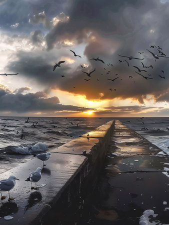 Photography: Frozen Baltic sea at sunset with a flock of seagullsの写真素材