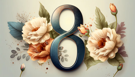 Graphic numbers: 8 March International Women's Day Greeting Card with Flowers.
