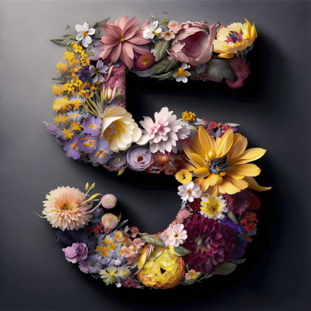 Graphic numbers: Number 5 made of flowers on black background. 3D illustrations.の写真素材