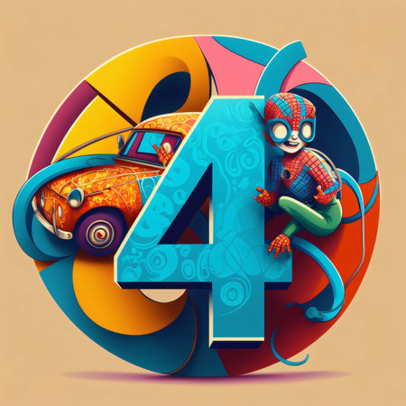 Graphic numbers: Number 4 with funny robot and car. 3d vector illustration.