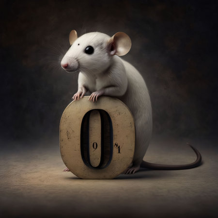 Graphic numbers: 3d rendering of a white rat sitting on a wooden number zeroの写真素材