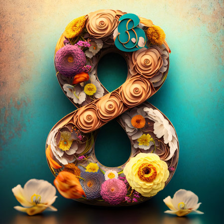 Graphic numbers: Number 8 made of flowers on blue background. 3D illustrations.の写真素材