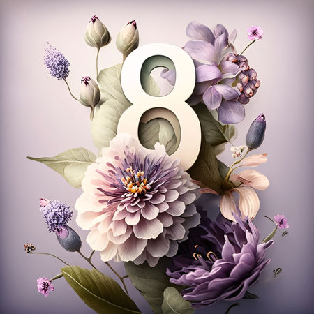Graphic numbers: 8 March. International Women's Day. Greeting card with flowers. Number 8の写真素材