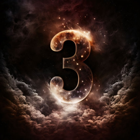Graphic numbers: Number three in the sky with stars and nebula. 3D renderingの写真素材