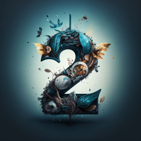 Graphic numbers: Number 2 with flowers, leaves and butterflies. 3D illustrations.