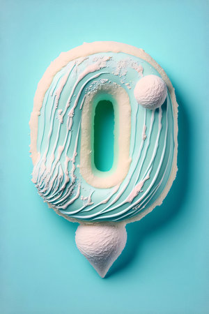 Graphic numbers: Birthday cake with number 0 on light blue background, top viewの写真素材