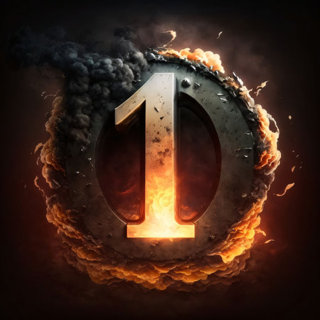 Graphic numbers: Burning number one with smoke and fire effect, 3D rendering