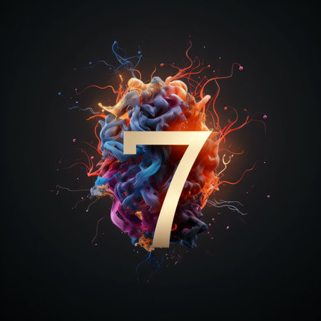 Graphic numbers: Number 7 with colorful ink splash isolated on black background. 3D renderingの写真素材