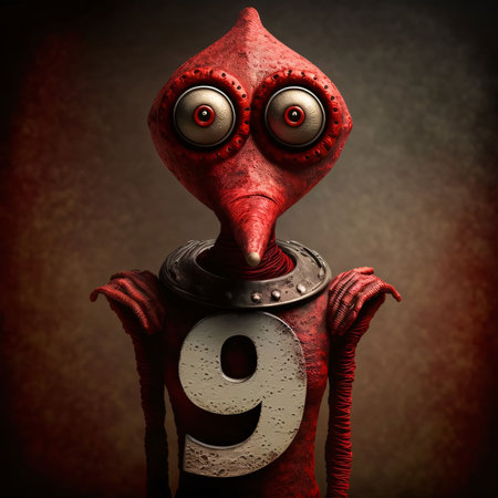 Graphic numbers: Vintage robot with number 9, 3d render, dark background