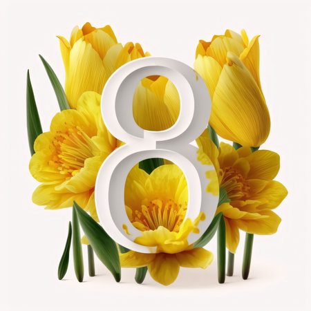 Graphic numbers: 8 March International Women's Day greeting card with daffodils