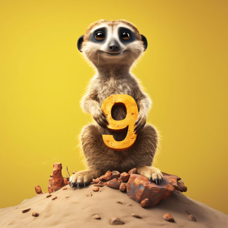 Graphic numbers: Cute meerkat sits on a rock and holds a letter 9.の写真素材