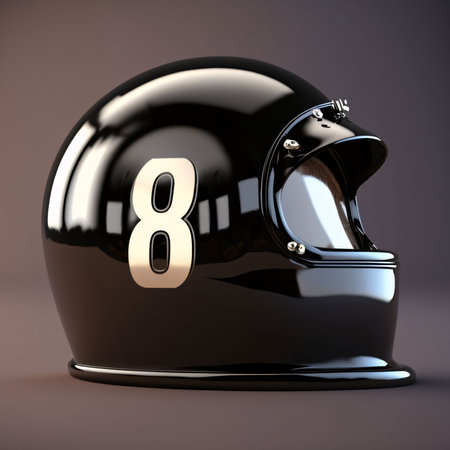 Graphic numbers: Black helmet with number 8 on a gray background. 3d illustration
