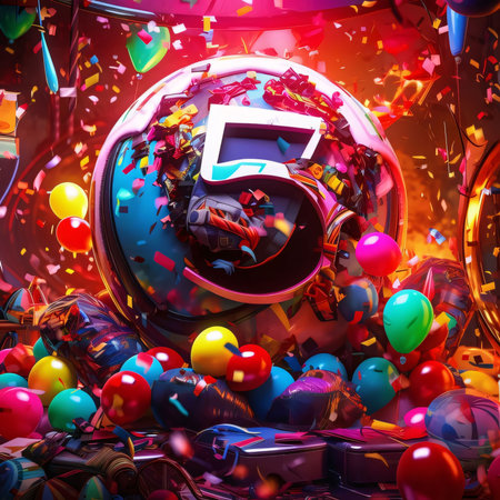 Graphic numbers: 3d illustration of a vr box surrounded by balloons and confettiの写真素材