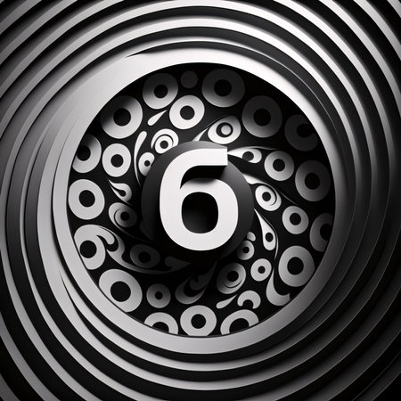 Graphic numbers: Number six in a circle of spirals on a black background.
