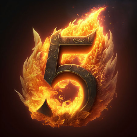 Graphic numbers: Fiery number five on a dark background. 3D illustrations.の写真素材