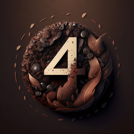 Graphic numbers: Number 4 made of coffee beans and chocolate candies on dark background