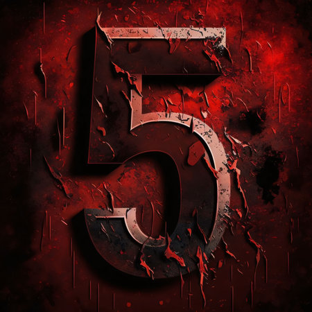 Graphic numbers: Grunge metal number five on red background. 3d illustrationの写真素材