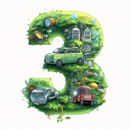 Graphic numbers: Font design for the letter S in the form of a green forest with cars and housesの写真素材