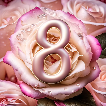 Graphic numbers: 8 March. International Women's Day. 3D illustrations. Flower backgroundの写真素材