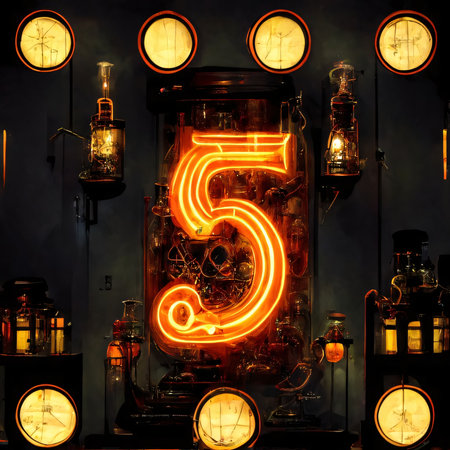 Graphic numbers: Neon sign in the shape of a five, on a dark backgroundの写真素材