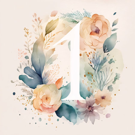 Graphic numbers: Number one with watercolor flowers and leaves. Hand drawn vector illustration.の写真素材