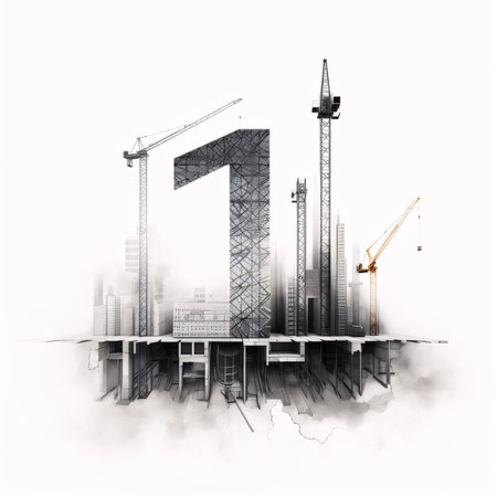 Graphic numbers: Construction site with cranes and buildings on white background. Vector illustration.の写真素材