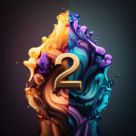 Graphic numbers: Number 2 with colorful paint splash isolated on black background. 3d renderingの写真素材