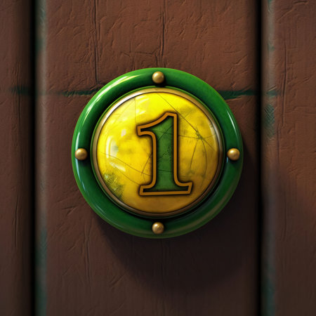 Graphic numbers: green button with number one on a brown wooden door, 3d render