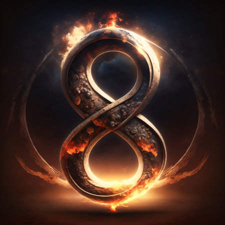 Graphic numbers: Infinity symbol in fire and smoke, 3d render illustration.