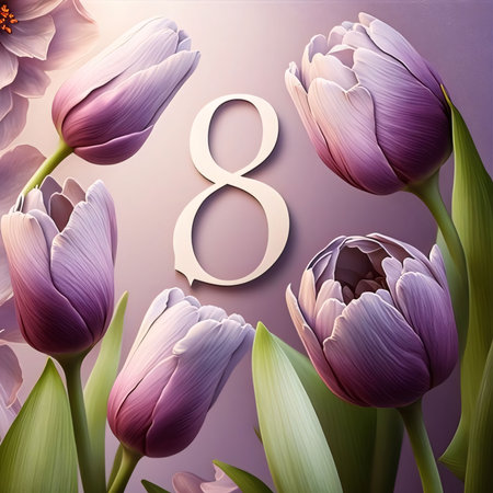 Graphic numbers: 8 March International Women's Day greeting card with purple tulips. Number 8の写真素材