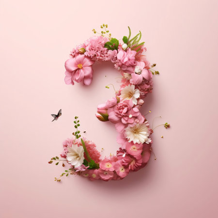 Graphic numbers: Number three made of pink flowers on pastel pink background. Flat lay, top viewの写真素材
