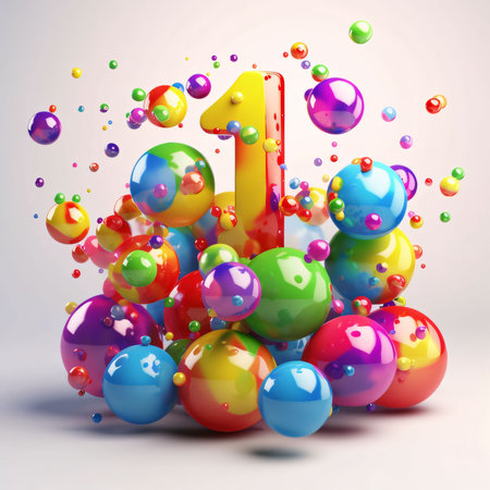 Graphic numbers: Number one with colorful balloons on white background. 3D illustrations.の写真素材